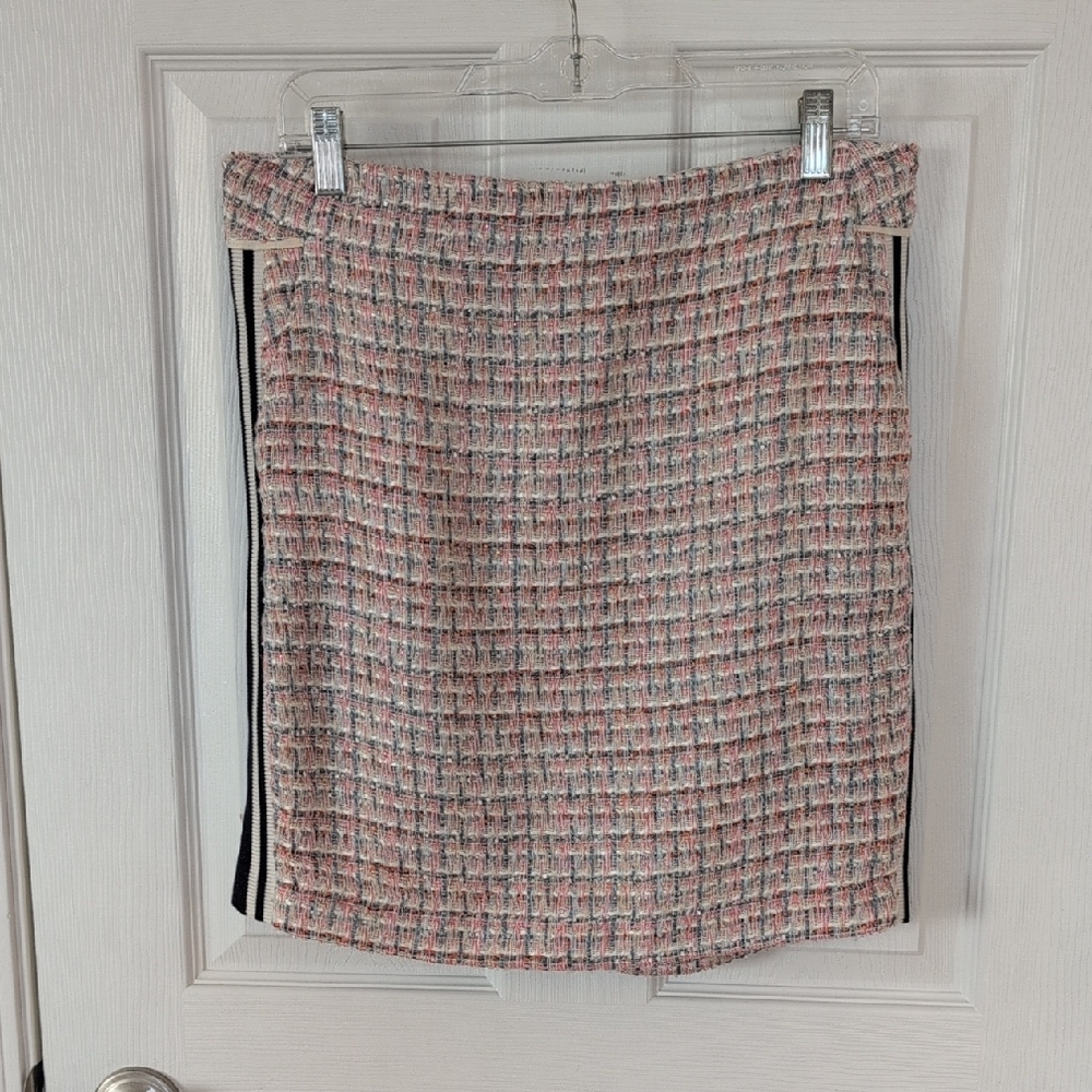Anthropologie Pink and Navy Tweed Midi Pencil Skirt